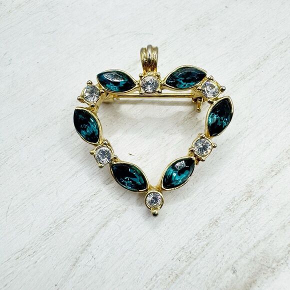 Blue Marquis Crystal Heart Brooch Pendant Gold Tone Romantic Love Dainty Classic - Picture 2 of 5